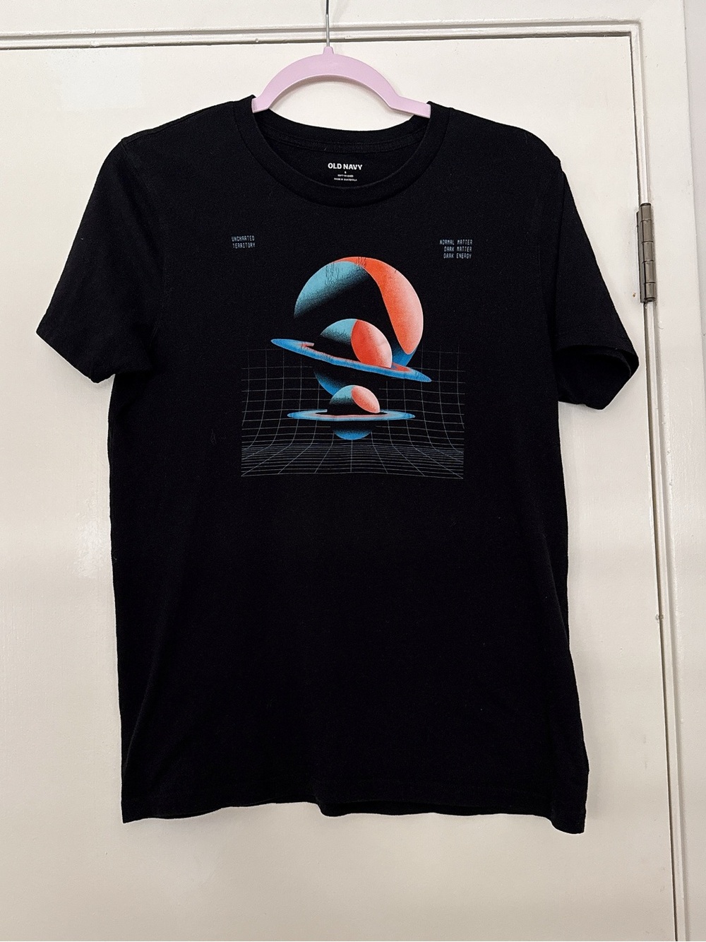 Old Navy Black Tee with Blue and Coral Orb Graphic